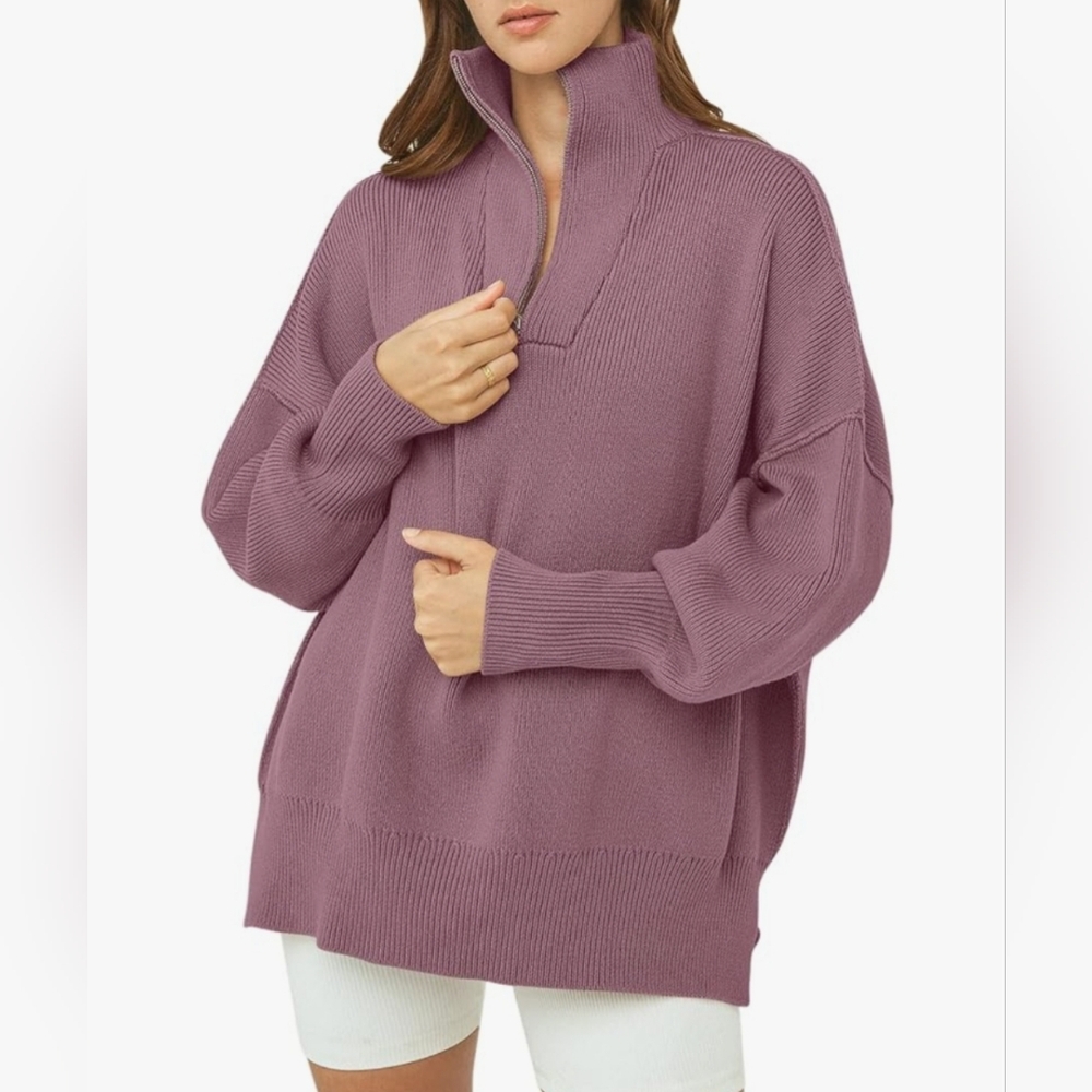 ANRABESS Women's Oversized Fashion Long Sleeve Quarter Zip Baggy Loose Slouchy S